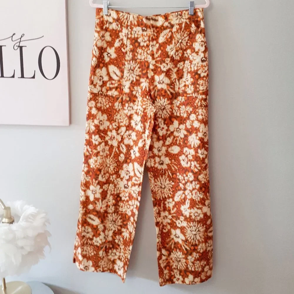 Zara Burnt Orange Floral Wide Leg Pants High Waist Boho Retro XL - Picture 10 of 16
